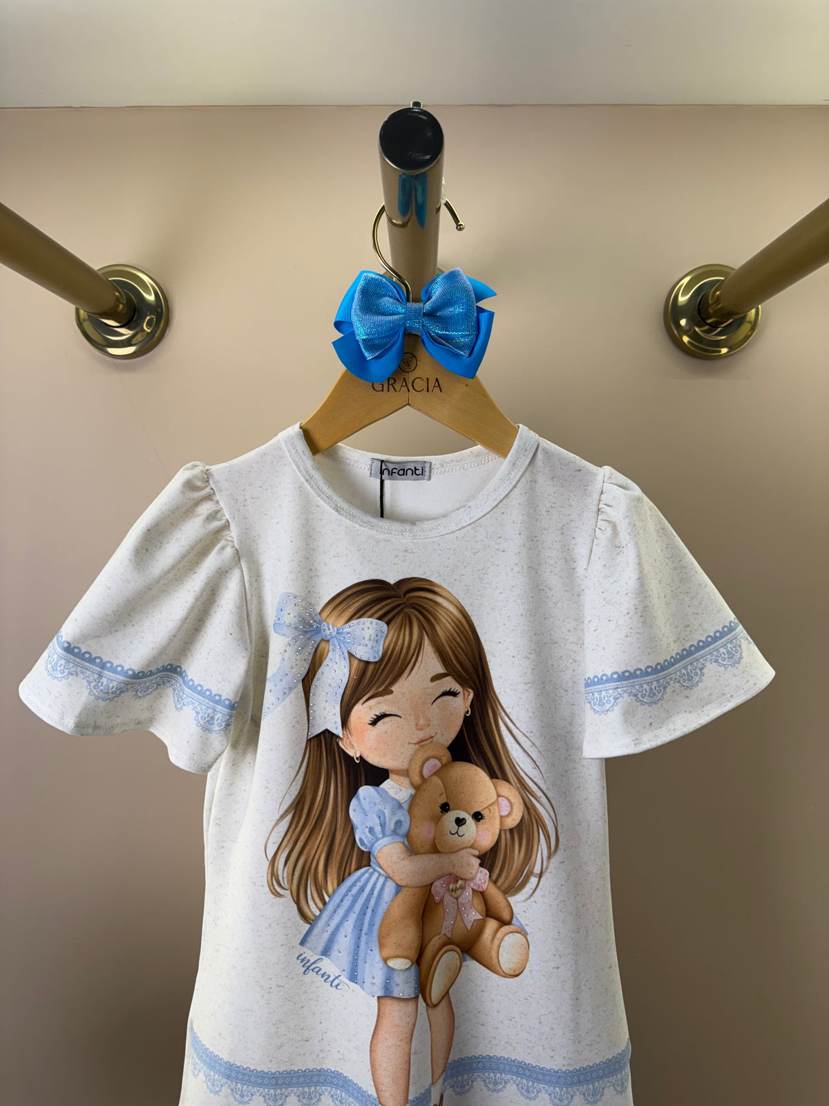 Vestido Infantil Ursinha  e Bolsa Ursinho Com Laço - Infanti