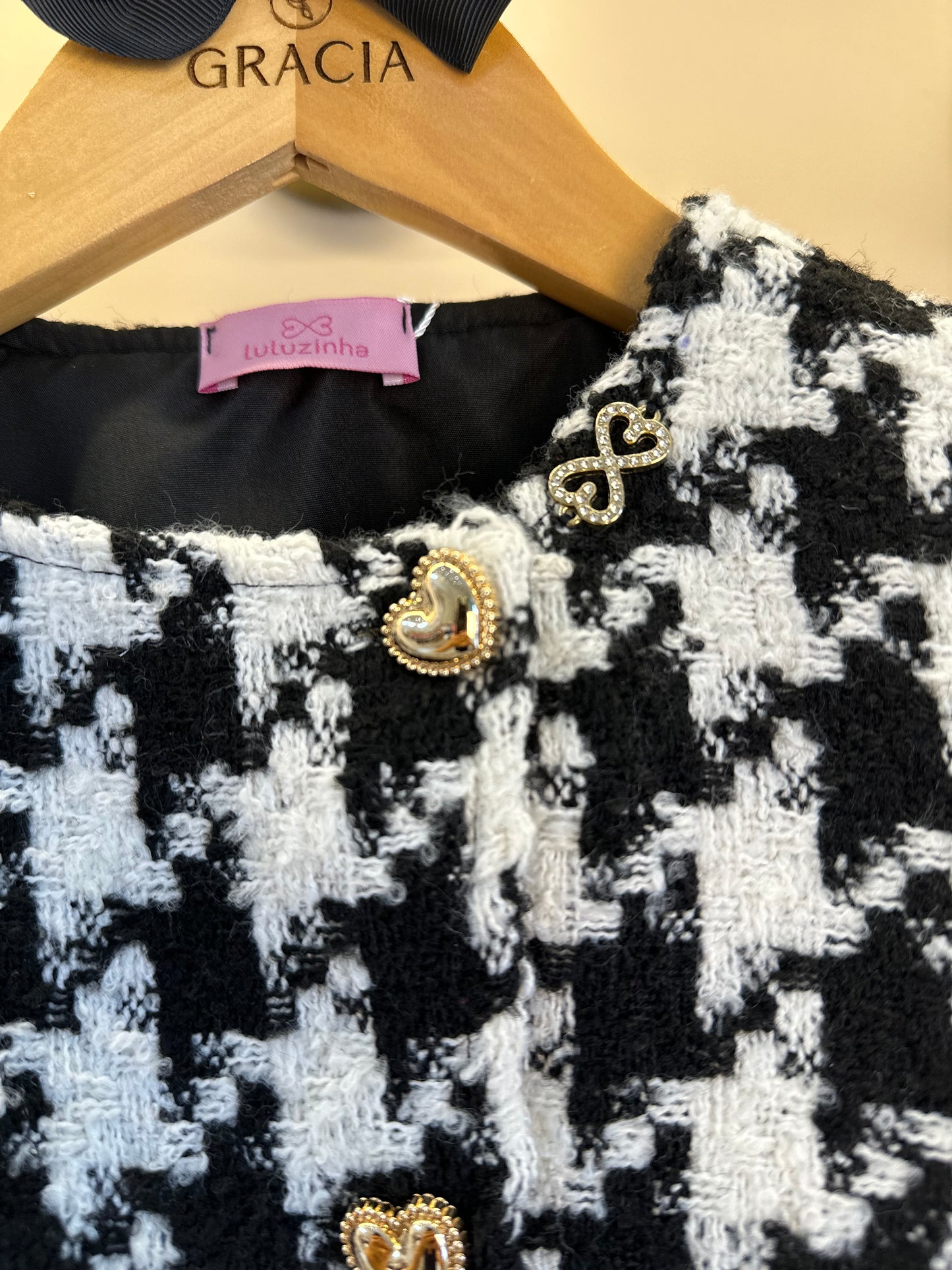 Conjunto Infantil Clássico Tweed Casaco e Saia P&B - Luluzinha