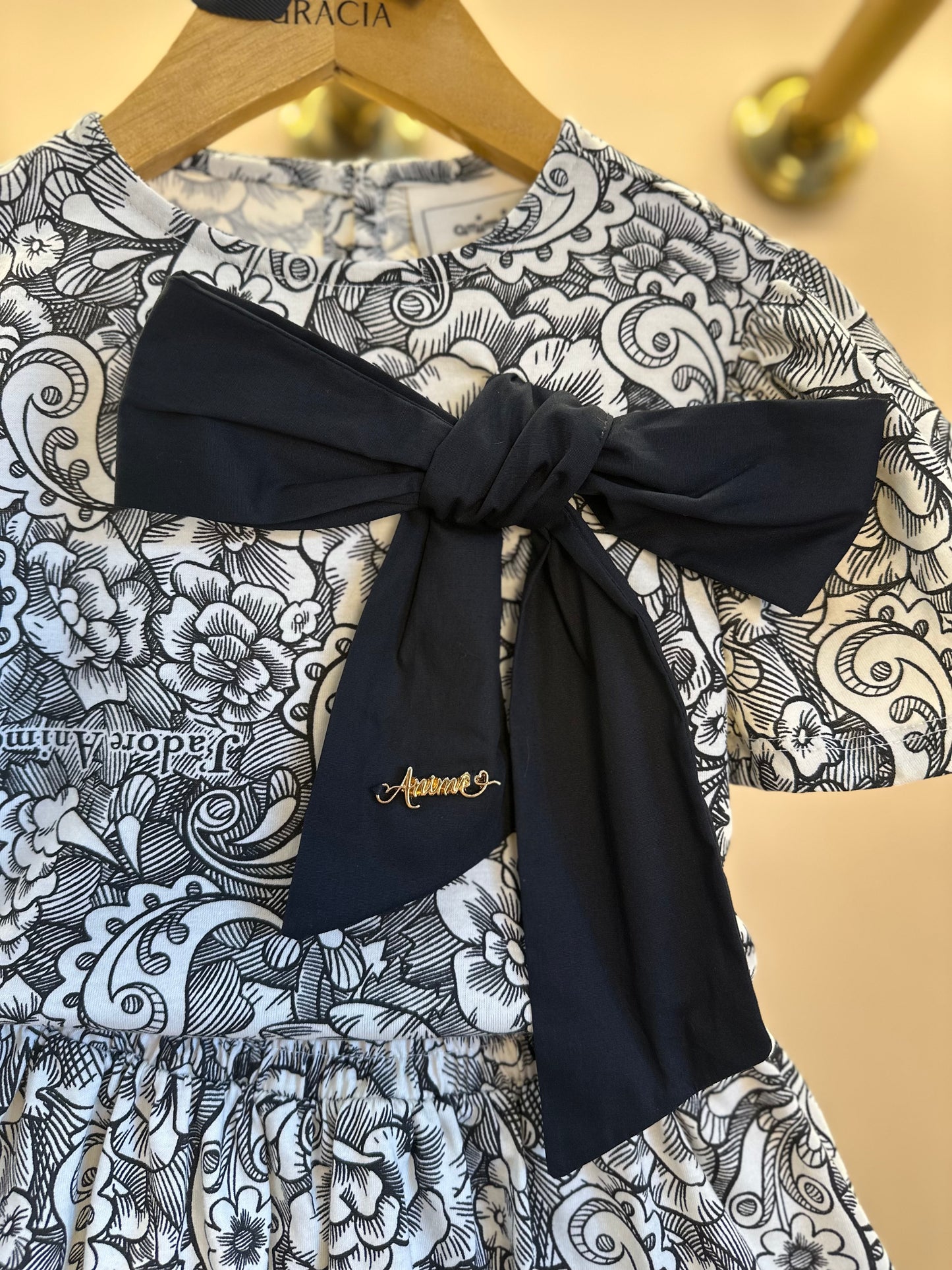 Conjunto Infantil Blusa e Saia Floral Paisley Laço Preto - Animê