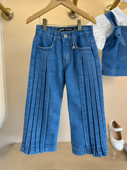 Conjunto Infantil Sobreposição Jeans, Blusa Manga Bufante e Calça Plissada - Animê