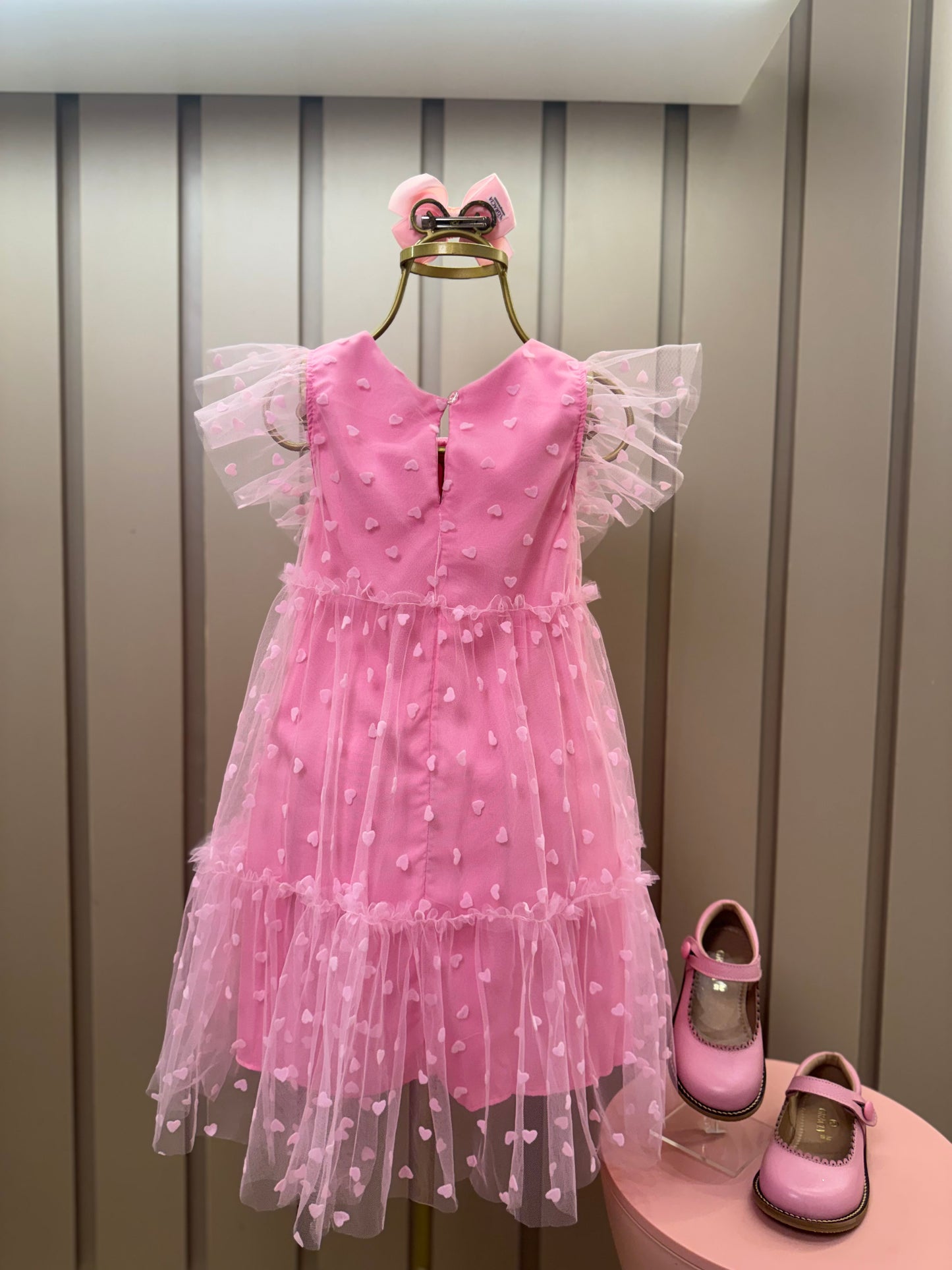 Vestido Infantil Trapézio Tule Corações Rosa Balé - Mon Sucré