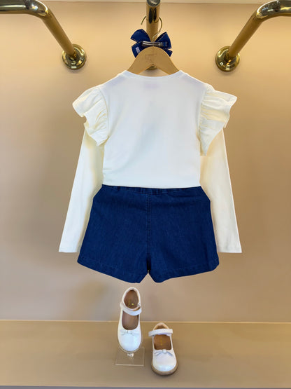 Conjunto Infantil Trio Blusa Gola Laise Removível, Camisa Jeans Leve ML Gola Bordada e Shorts-Saia Jeans Bordada Flores - Luluzinha