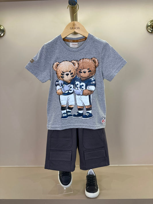 Conjunto Infantil Camiseta Algodão Teddy Philadelphia NFL Cinza e Bermuda Suedine Algodão Bolsos Grafite - Dame
