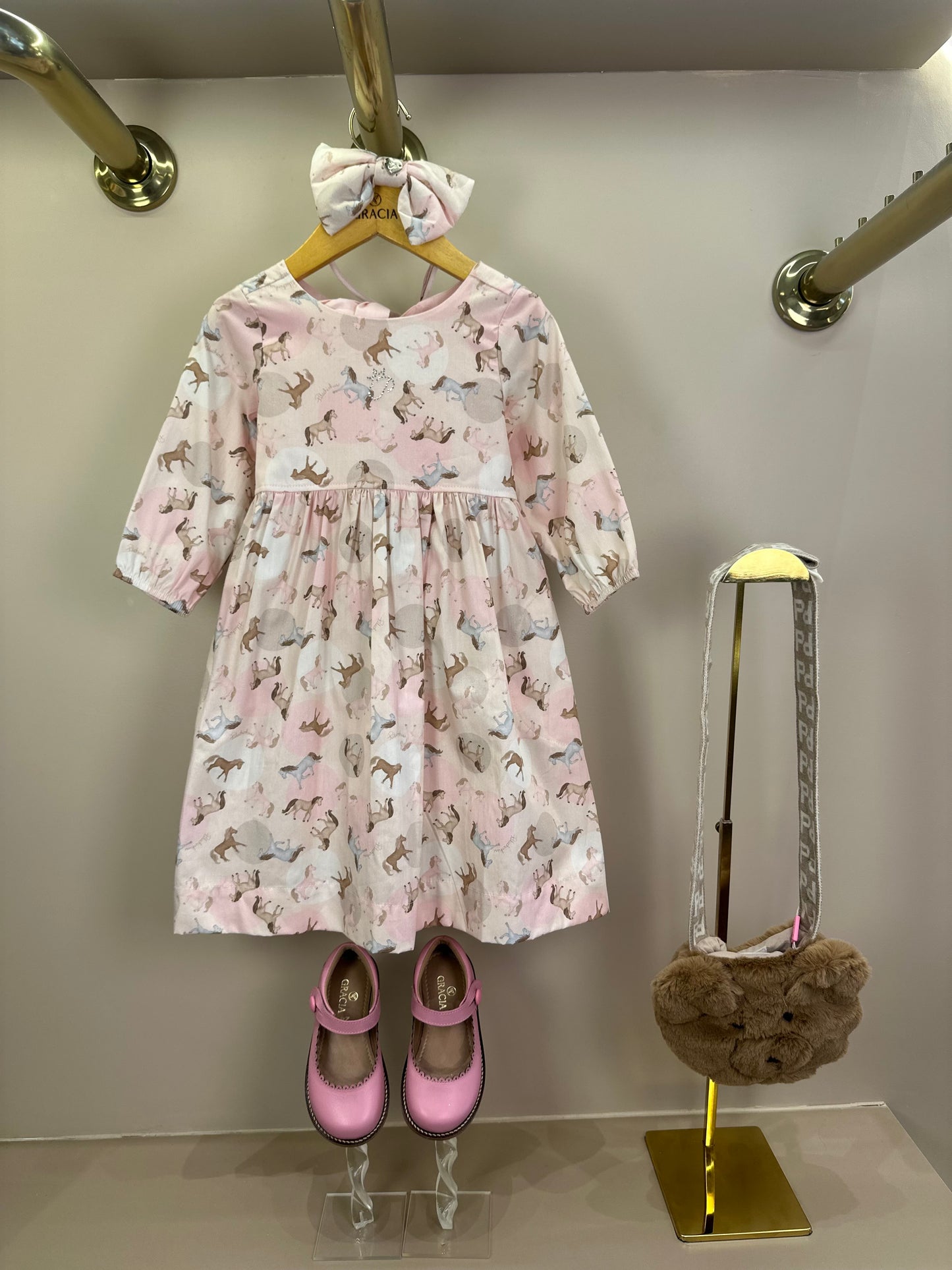 Vestido Infantil Algodão Estampa Cavalinhos e Poá Bolsos Rosa - Pituchinchus