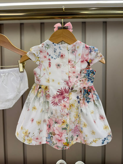 Vestido Bebê Algodão Pregas e Lacinho Com Calcinha Floral Candy - Um Mais Um