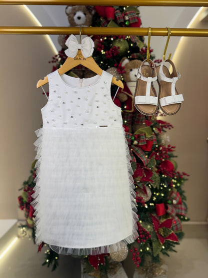 Vestido Infantil Festa Pérolas Tule Frufru Branco - Pituchinhus