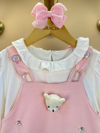 Salopete Infantil Rosa Ursinhos Com Blusa Golinha MC Off White - Gabriela Aquarela