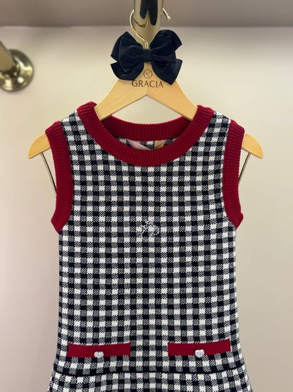 Vestido Infantil Tricot Xadrex Botão Jóia Coração - Pituchinhus
