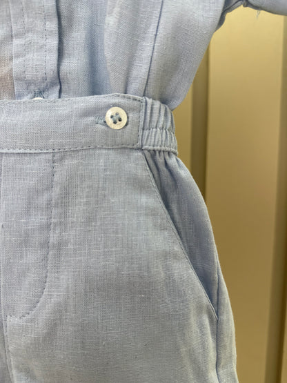 Conjunto Bebê Body, Bermuda e  Suspensório Cambraia Linho de Algodão Azul Claro - Um Mais Um