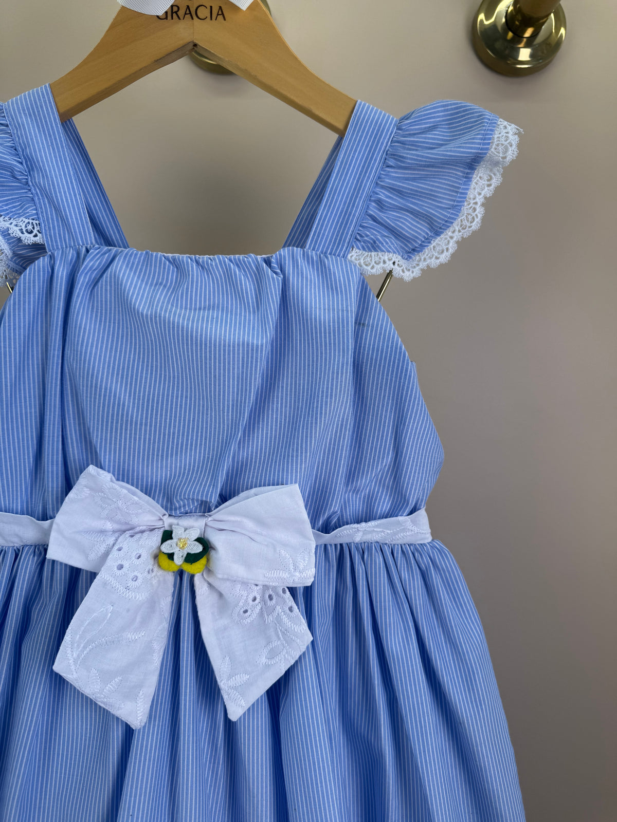 Vestido Infantil Tricoline Azul Listrado Laço Com Limões e Barra Em Tule - Gabriela Aquarela