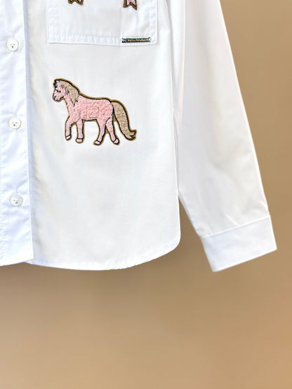 Camisa Infantil Tricoline Ampla Patches Laços e Cavalinho Branca - Pituchinhus