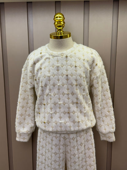 Conjunto Infantil Blusão e Calça Peluciado Lurex Bordado Manual Off White - Luluzinha