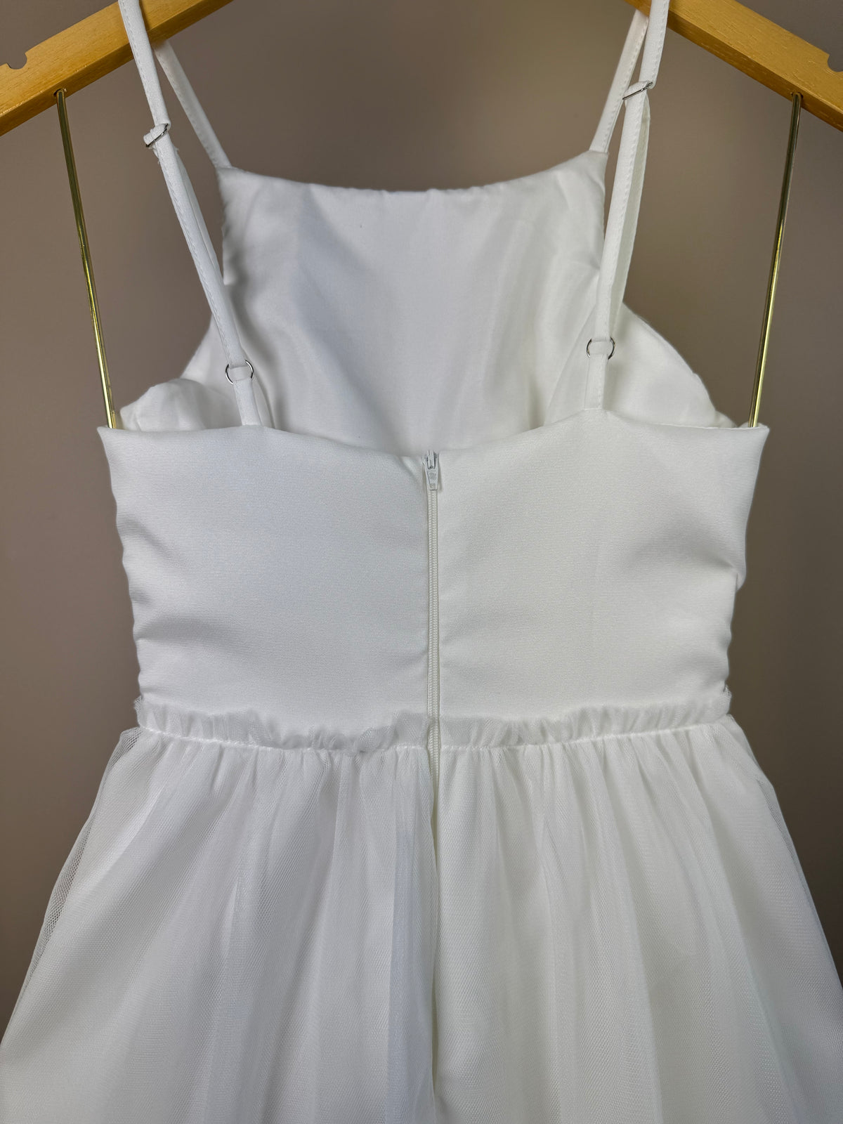 Vestido Teen Off White Com Alças Finas e Saia em Tule - Vanilla Cream