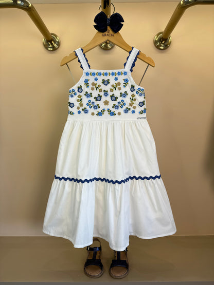 Vestido Infantil Bordado Flores Azuis - Momi