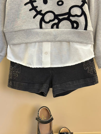 Conjunto Infantil Casaco Moletom Hello Kitty Mescla e Shorts Jeans  Black Laço Strass - Momi