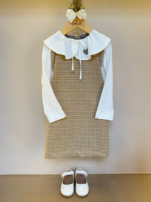 Vestido Infantil Tweed Xadrez Bege - Animê