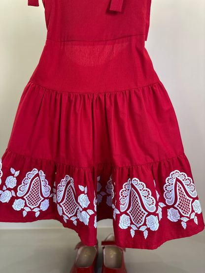 Vestido Infantil Midi Algodão Florais Rendados Vermelho - Um Mais Um