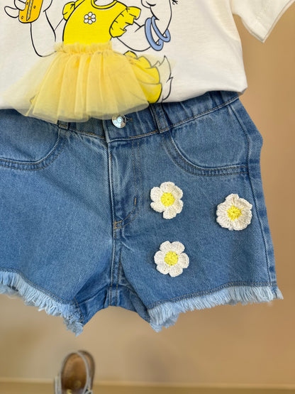 Conjunto Infantil Blusa Daisy Vestido Babadinho e Shorts Jeans Apliques Florzinhas - Momi