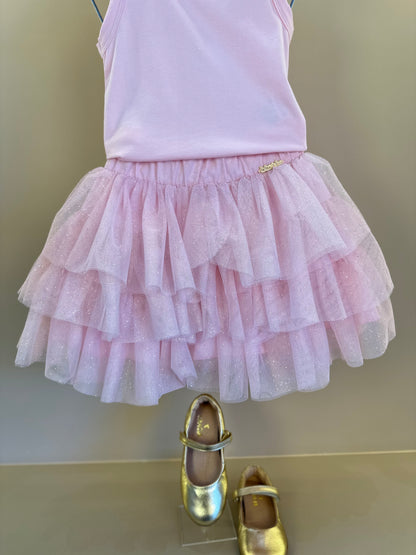 Conjunto Infantil Blusa Plaquinha Bordado Strass e Saia Rodada Camadas Tule Glitter Rosa - Luluzinha