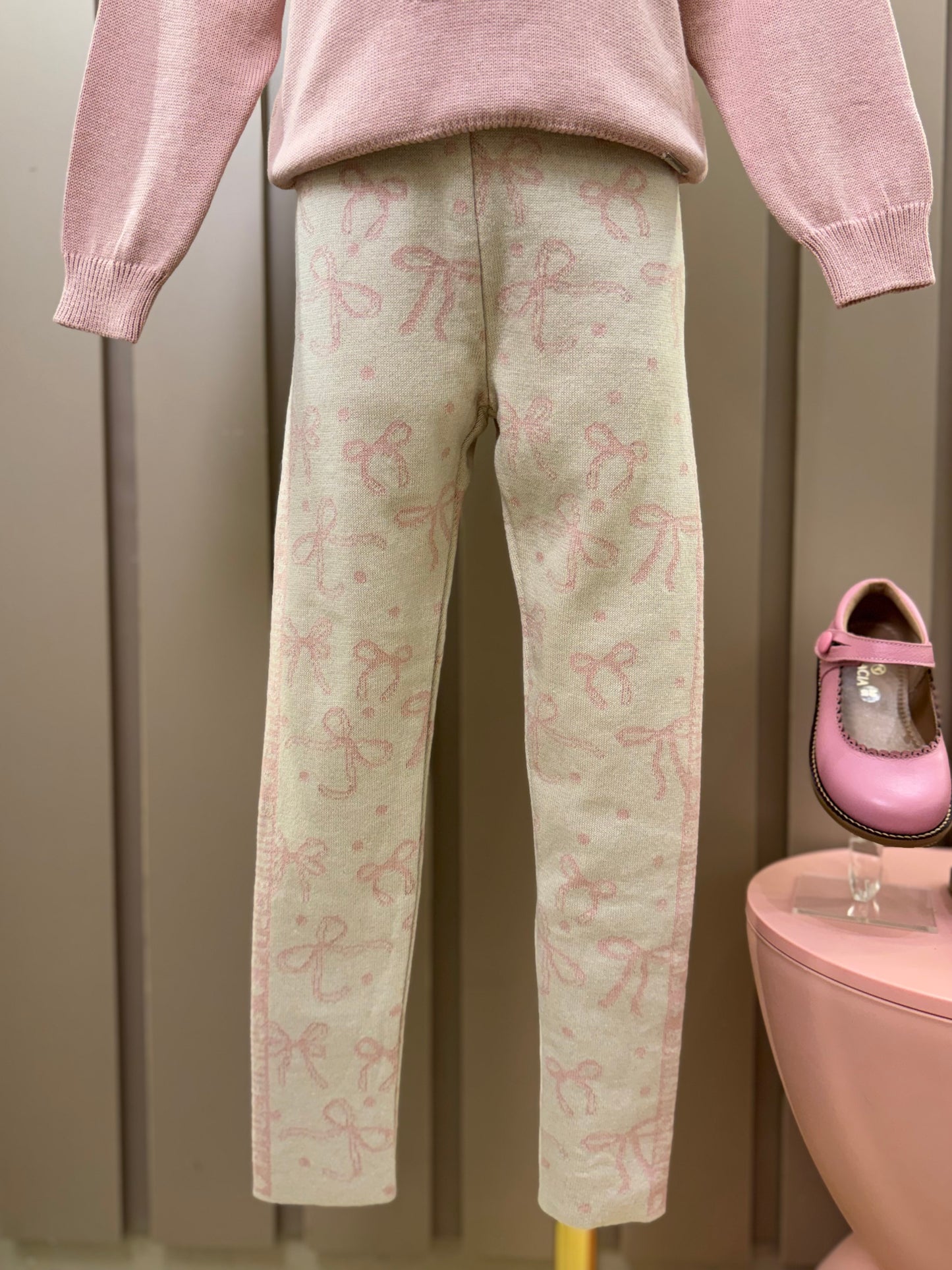 Conjunto Infantil Tricot Blusa Maxi Laço Cristais Rosa Dolce e Legging Jacquard Multi-laços Ninive - Pituchinhus
