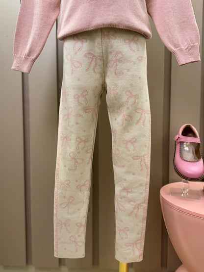 Conjunto Infantil Tricot Blusa Maxi Laço Cristais Rosa Dolce e Legging Jacquard Multi-laços Ninive - Pituchinhus