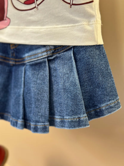 Conjunto Infantil Blusa Minnie & Mickey Berry Pérola e Saia-shorts Jeans Pregas - Animê