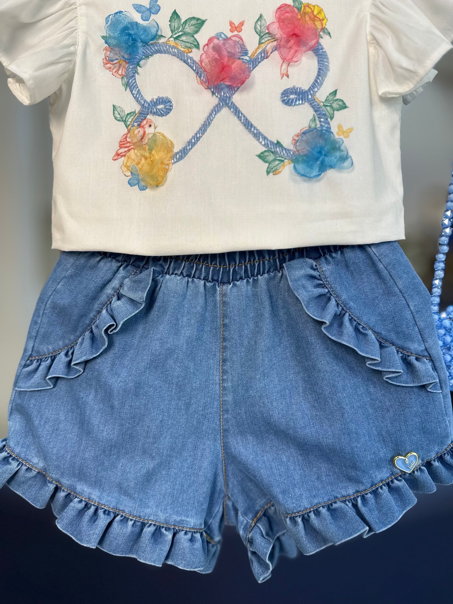 Conjunto Infantil Blusa de Algodão Bordado e Shorts Jeans - Luluzinha