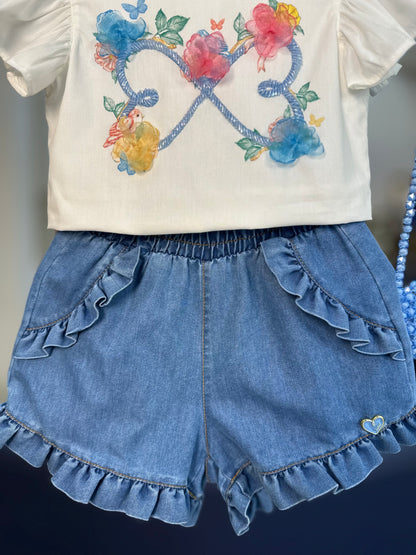 Conjunto Infantil Blusa de Algodão Bordado e Shorts Jeans - Luluzinha