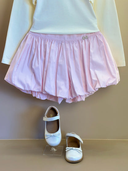 Conjunto Infantil Blusa ML Lacinho Branca e Shorts Balonê Rosa Claro - Luluzinha