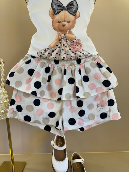 Conjunto Infantil Regata Ursinha Vestido de Poá e Short Com Babados Algodão Estampa Poá Colorido - Pituchinhus