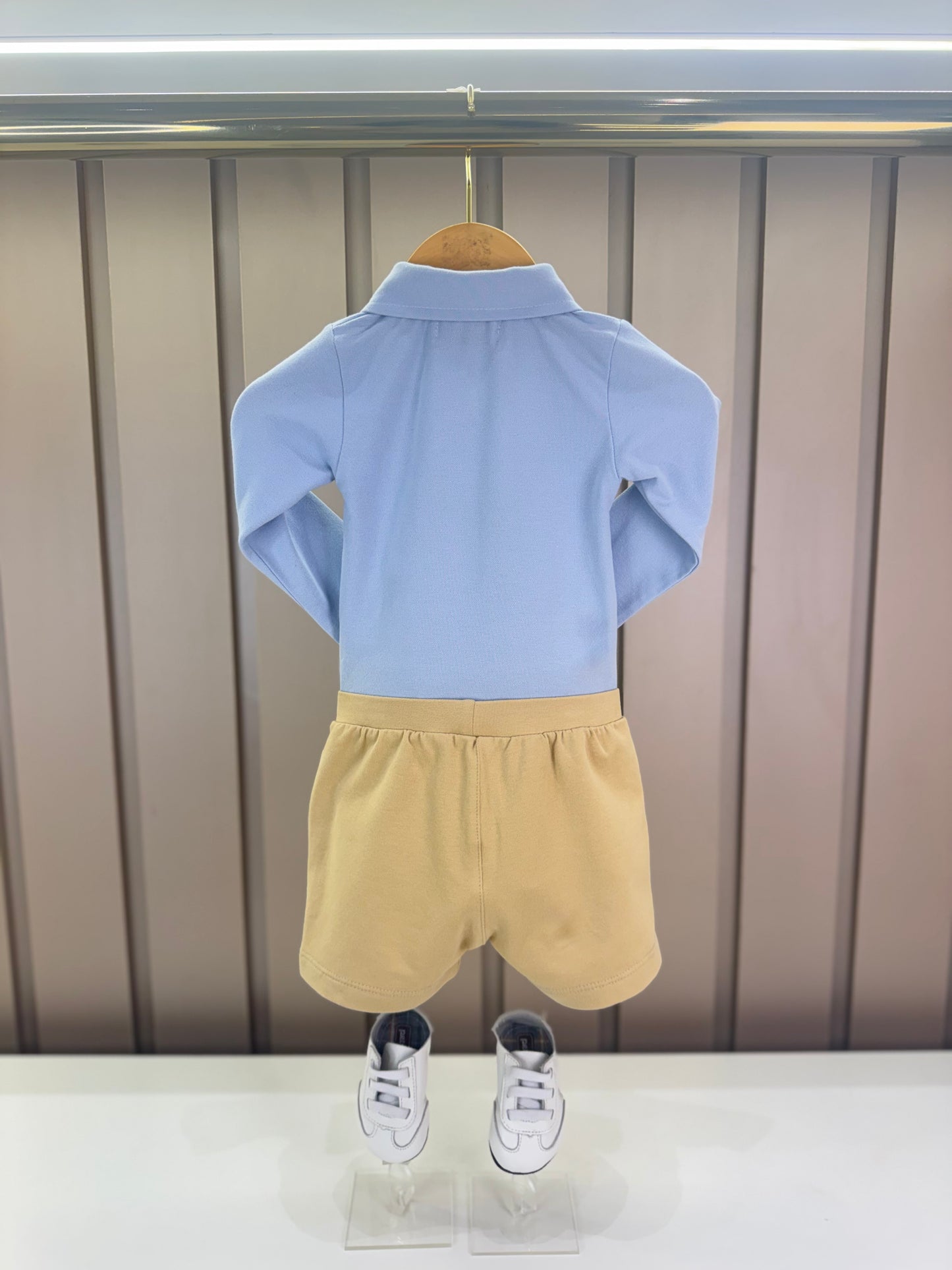 Conjunto Bebê Polo-Body Piquet Algodão ML Azul e Bermuda Moletom Algodão Bege - Dame
