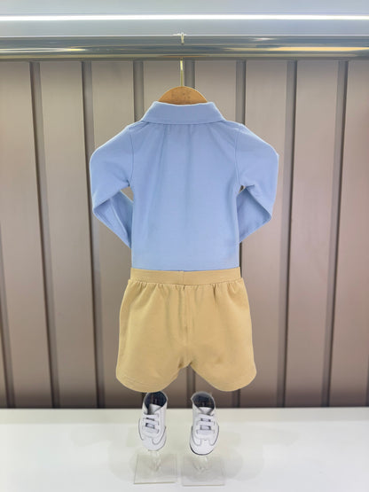 Conjunto Bebê Polo-Body Piquet Algodão ML Azul e Bermuda Moletom Algodão Bege - Dame