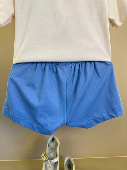 Conjunto Infantil Blusa Mickey e Minnie Paris e Shorts Azul Pregas Com Pingente - Animê