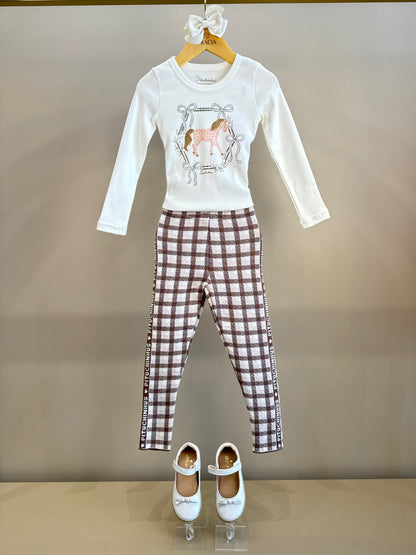Conjunto Infantil Blusa Off White Cavalinho Cristal E Legging Tricot Xadrez Marrom - Pituchinhus