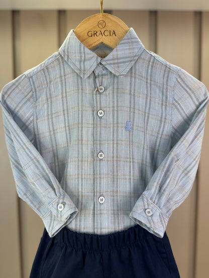 Conjunto Bebê Camisa-Body Algodão Xadrez ML Azul e Bermuda Social Marinho - Dame