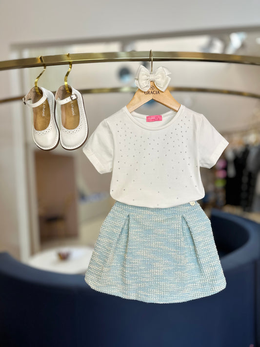 Conjunto Infantil Blusa e Shorts Tweed Azul Strass - Momi