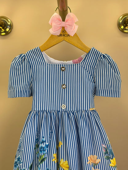 Vestido Infantil Rodado Algodão Listrado Barrado Floral - Luluzinha