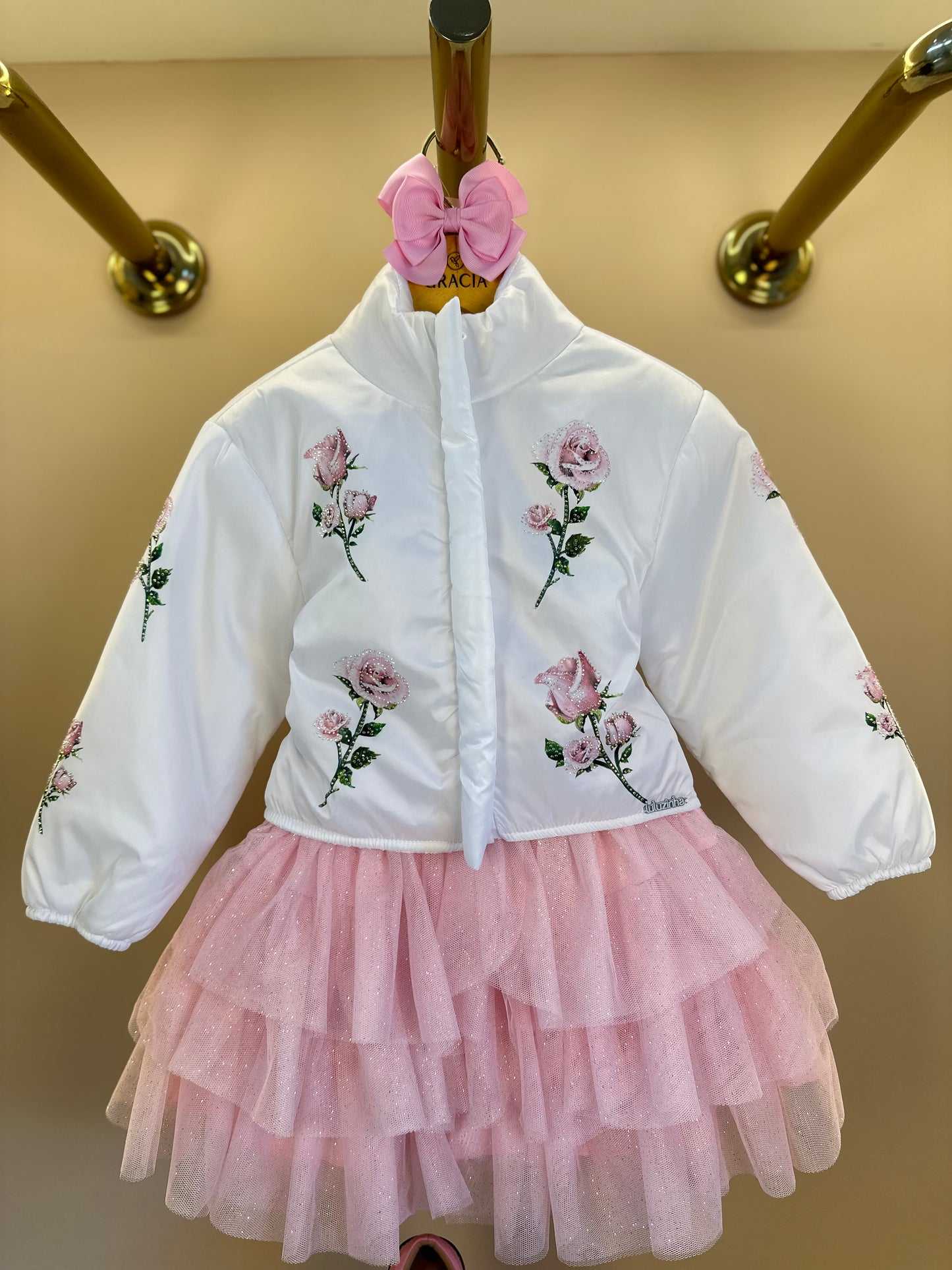 Conjunto Infantil com Casaco Bordado Floral, Blusa com Strass e Saia em Tulle Glitter - Luluzinha