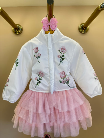 Conjunto Infantil com Casaco Bordado Floral, Blusa com Strass e Saia em Tulle Glitter - Luluzinha