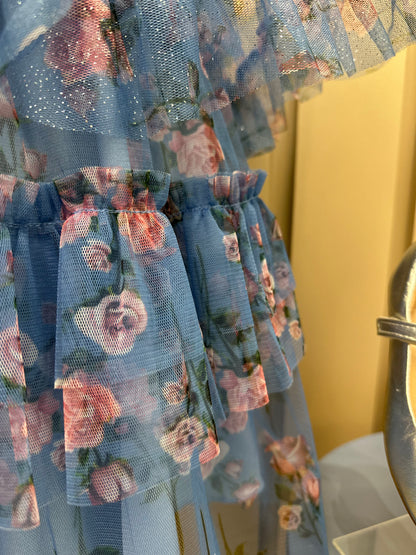 Vestido Infantil Midi Tule Floral Azul Babados - Luluzinha