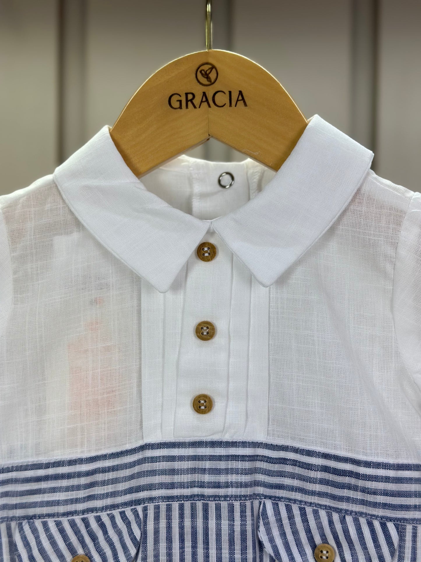 Romper Bebê Camisaria Algodão Cambraia e Fio Tinto Gola e Lapela Marinho - Um Mais Um