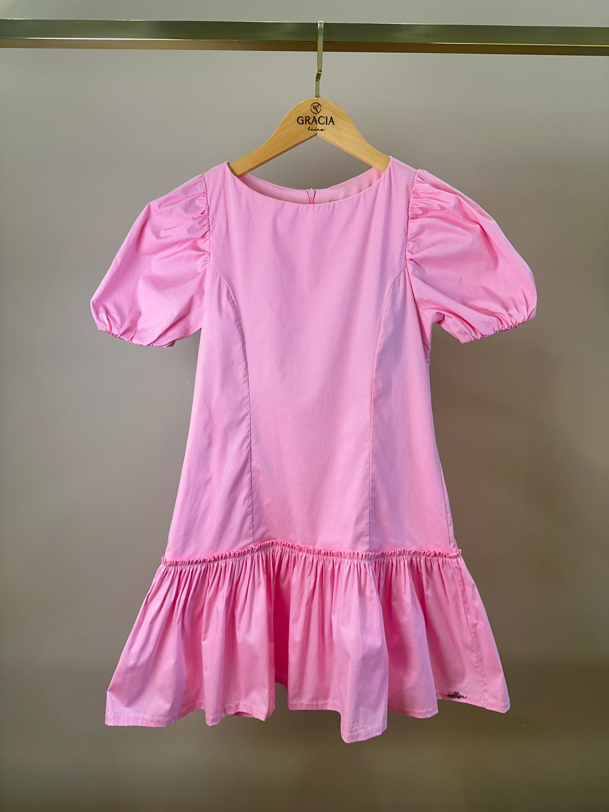 Vestido Teen Tricoline Rosa Com Mangas Bufantes - Authoria