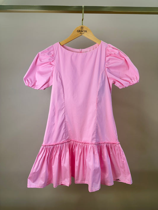 Vestido Teen Tricoline Rosa Com Mangas Bufantes - Authoria