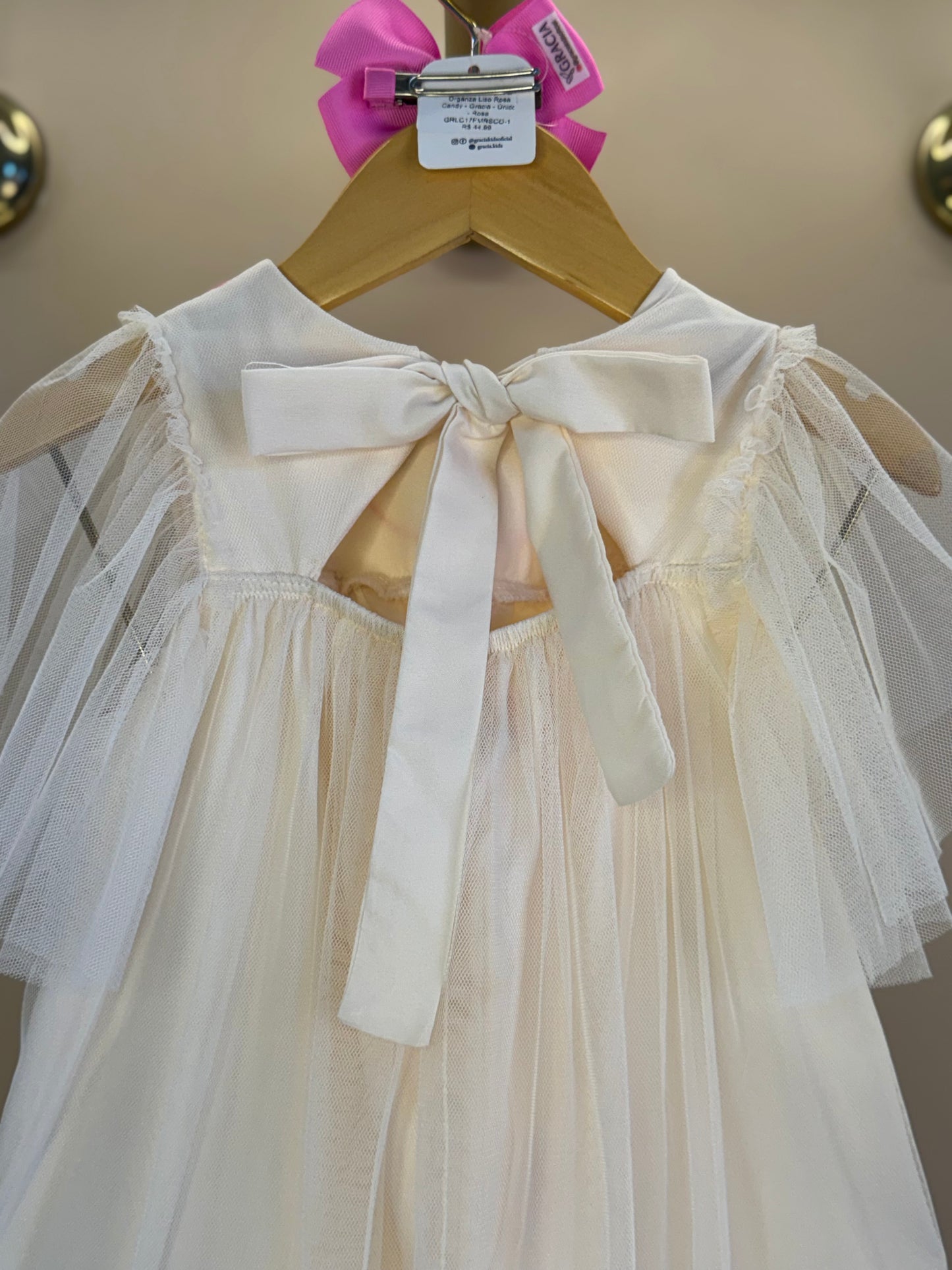 Vestido Infntil Tule Amplo Bordadinhos Gola Bege - Mon Sucré