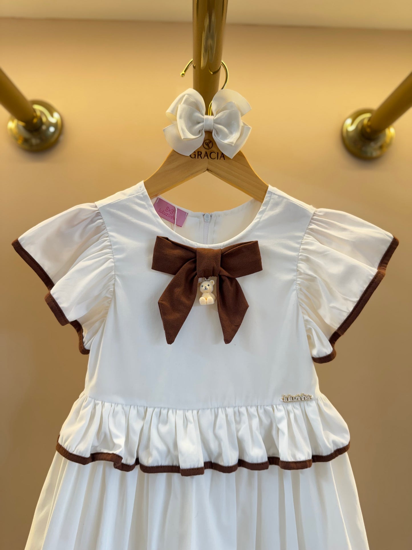 Vestido Infantil Rodado Tricoline Branco com Laço Marrom - Luluzinha