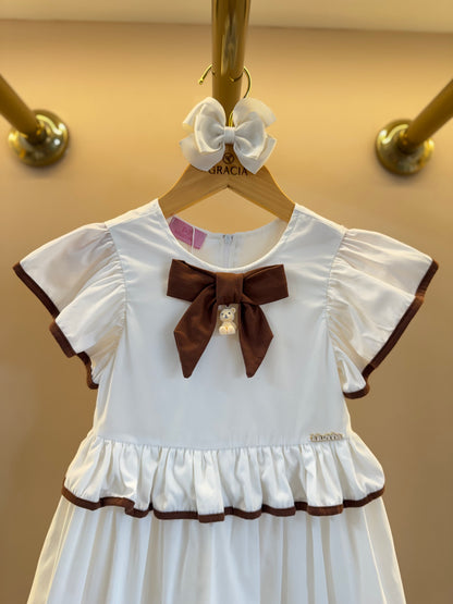 Vestido Infantil Rodado Tricoline Branco com Laço Marrom - Luluzinha