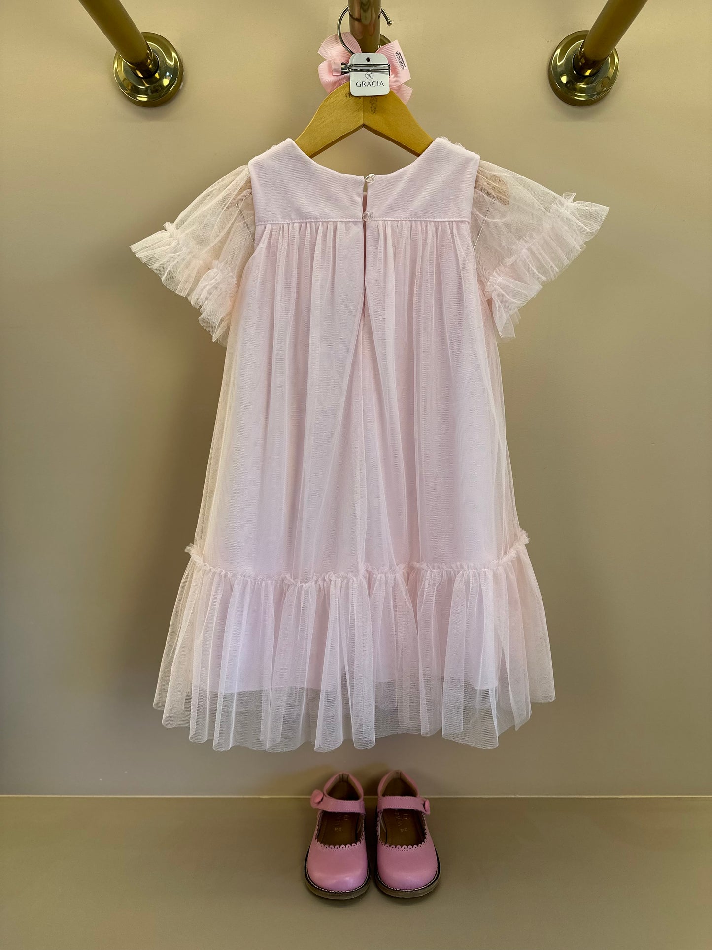Vestido Infantil Trapézio Tule Bordado Delicado Busto Rosa - Petit Cherie