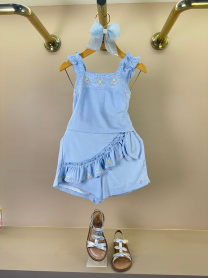 Conjunto Infantil Blusa Linho Bordada Flores e Shorts Bordado Flores - Petit Cherie