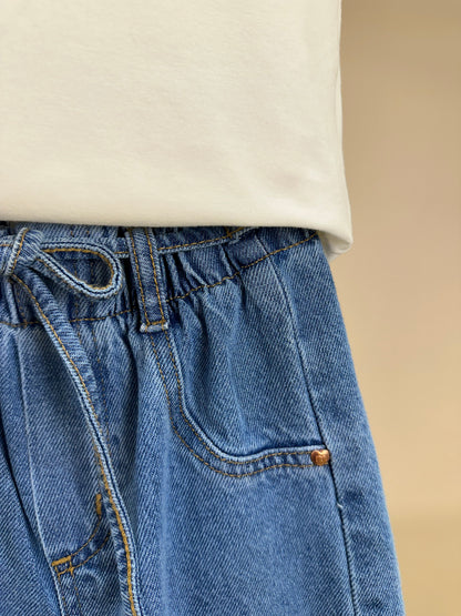 Conjunto Infantil Blusa Lenço Estampado Amarrado Na Gola e Calça Jeans Wide Leg Cós Alto Com Elástico - Momi