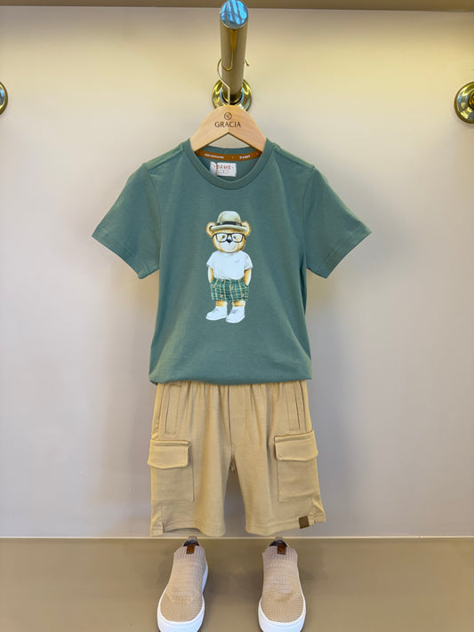 Conjunto Infantil Camiseta Algodão Teddy Chapéu Panama e Bermuda Ponto Roma Bolsos Cargo Bege - Dame